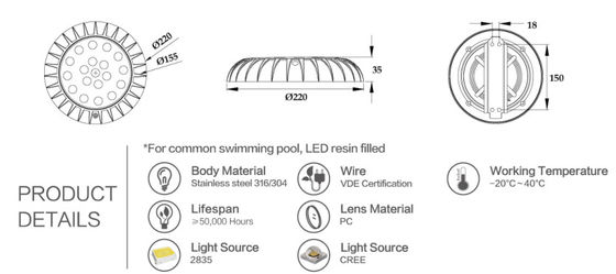 چراغ های LED زیر آب Dia 225mm IP68 18W ضد آب